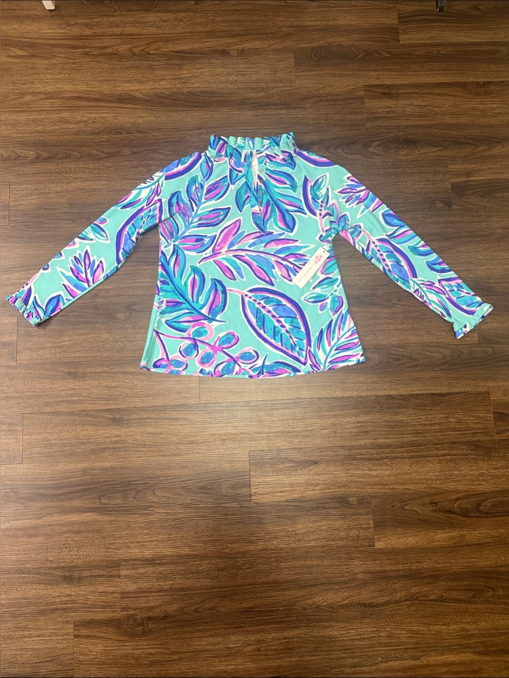 Aryeh Mint Printed Ruffle Long Sleeve Polo